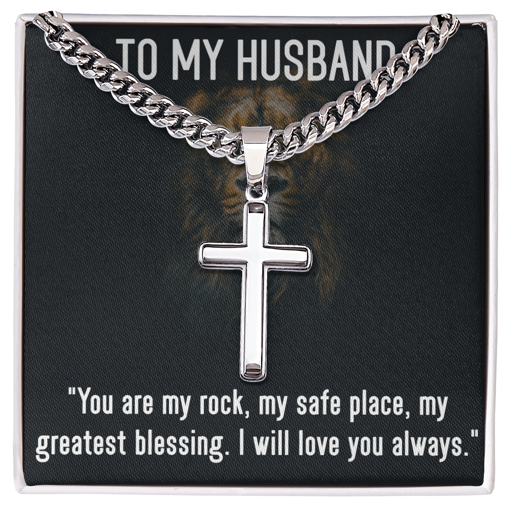 To My Husband - Cuban Link Chain with Engraved Artisan Cross